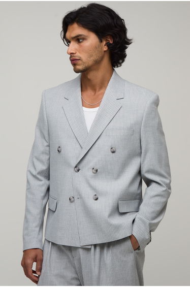Pinstripe Oversized Boxy Double Breasted Blazer - grey