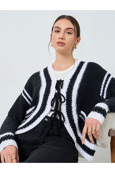 Black Crochet Knit Tie-Up Cardigan