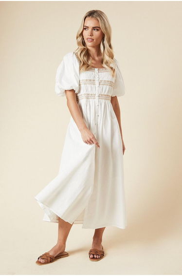 Petite Embroidered Bust Button through Poplin Midi Dress