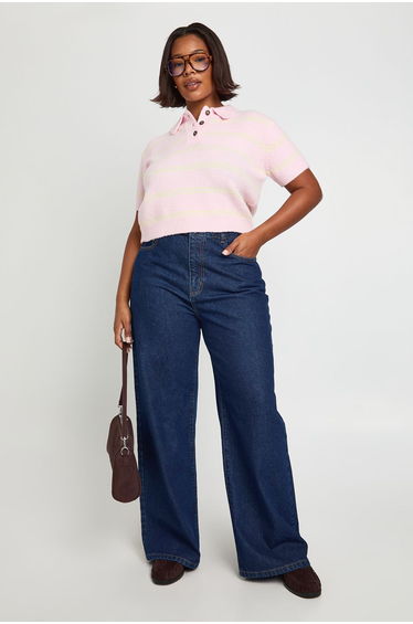Plus Collar Stripe Knit Top - pink