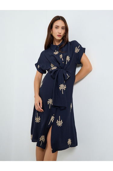 Women Embroidered Palm Midi Shirt Dress
