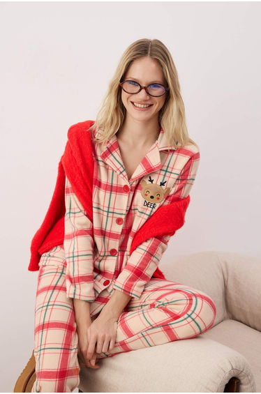 Red Fleece Plaid Shirt-Pants Knitted Pajama Set