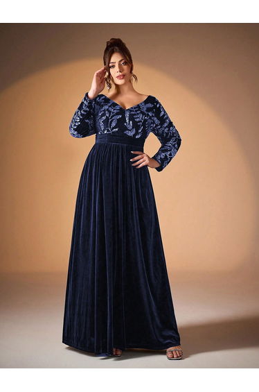 Leely Plus Women's Elegant V Neck Long Sleeve A Line Prom Dress