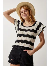 Women's Black Cream Openwork Knitwear Blouse - 2
