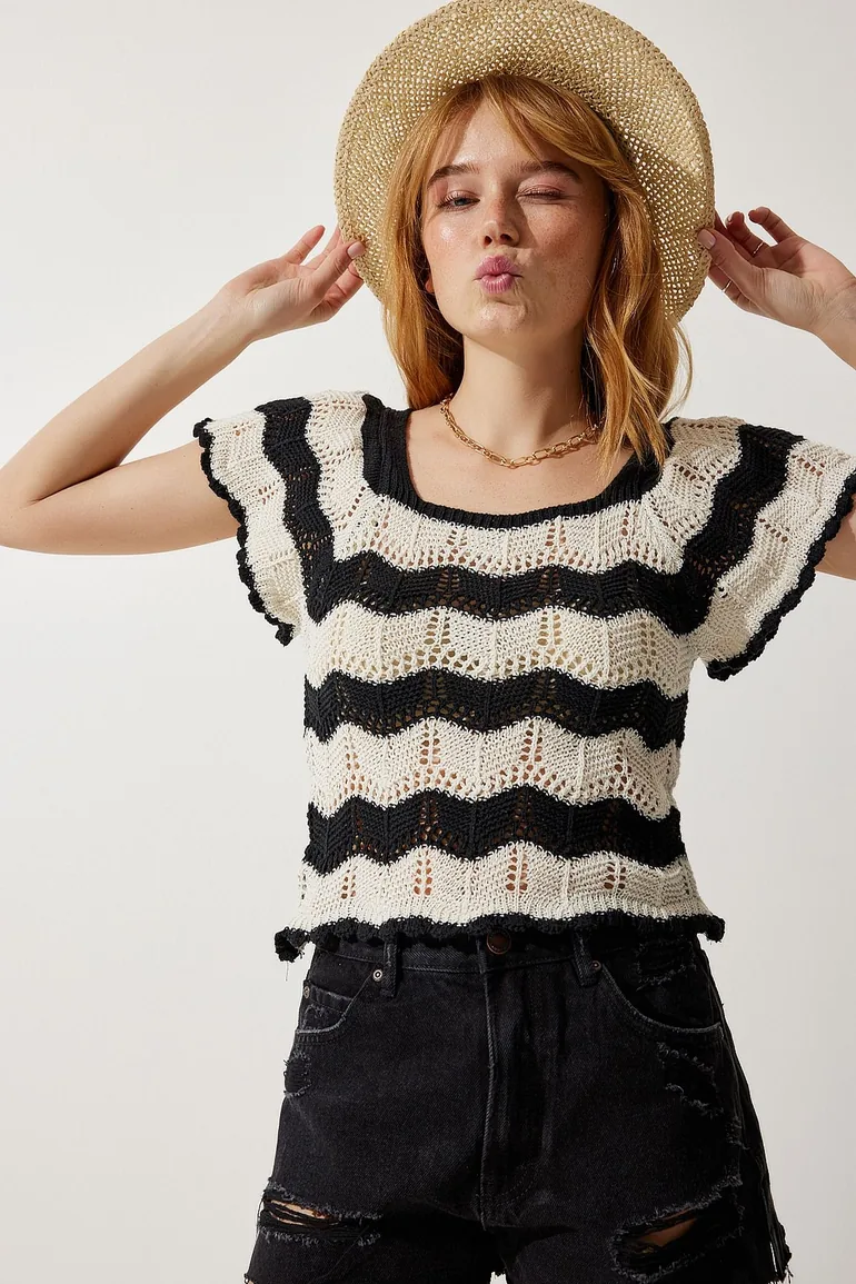 Women's Black Cream Openwork Knitwear Blouse - 1