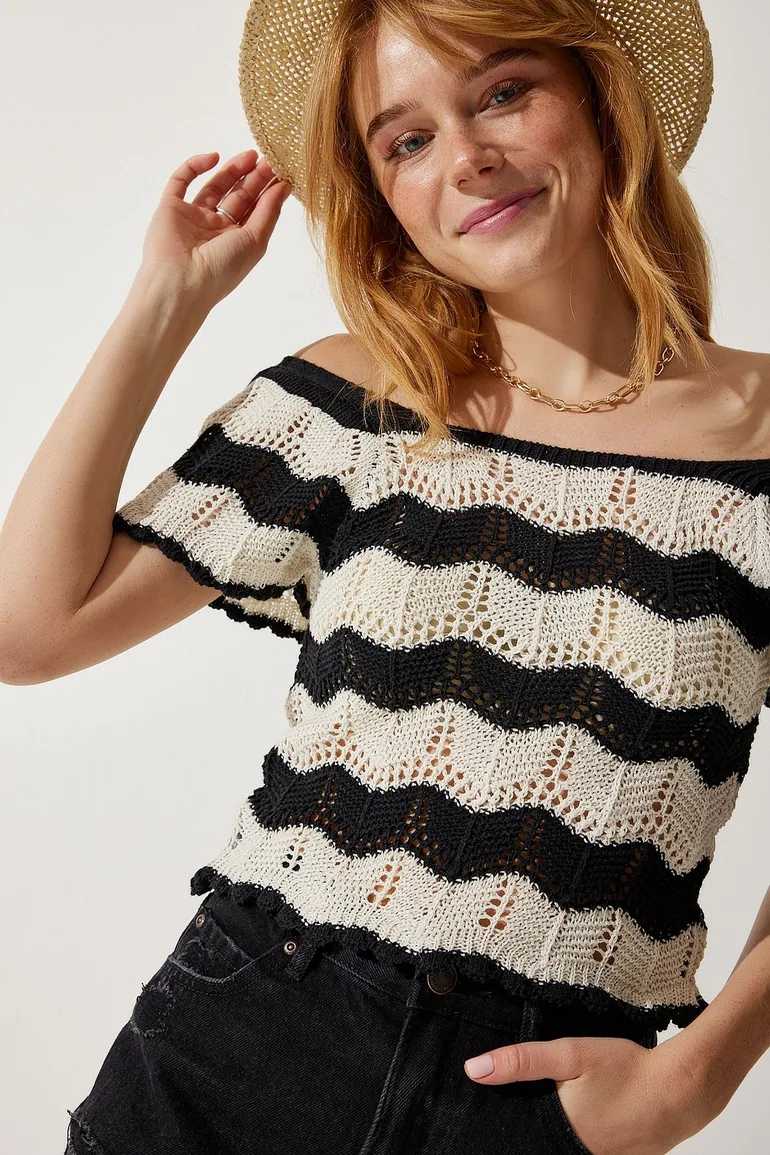 Women's Black Cream Openwork Knitwear Blouse