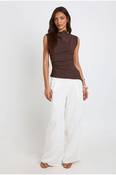 Tall Marl Ruched Asymmetric Top - chocolate