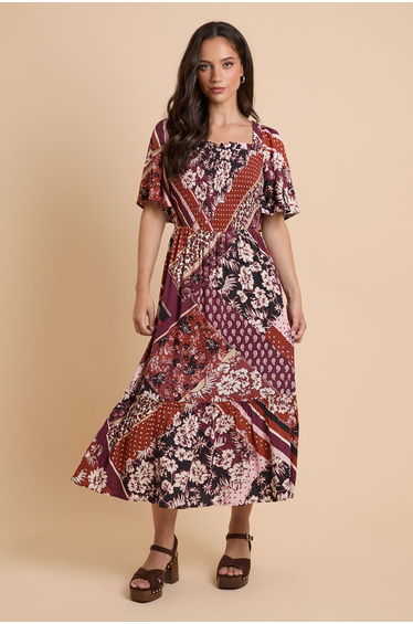 Patchwork Shirred Bodice Flutter Sleeve Midi Dress