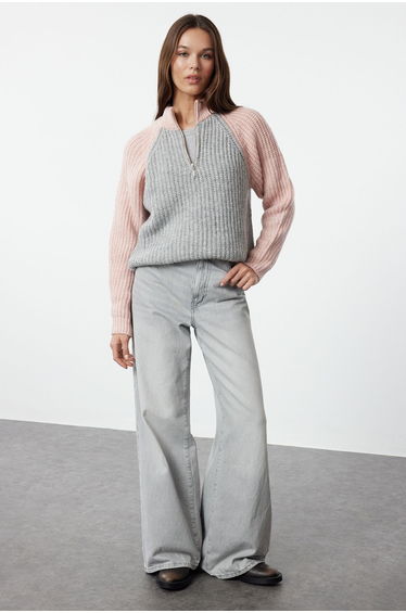 Pink Color Block Zippered Knitwear Sweater