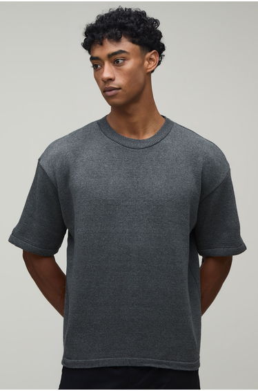 Oversized Cotton Blend Knitted T-Shirt - charcoal