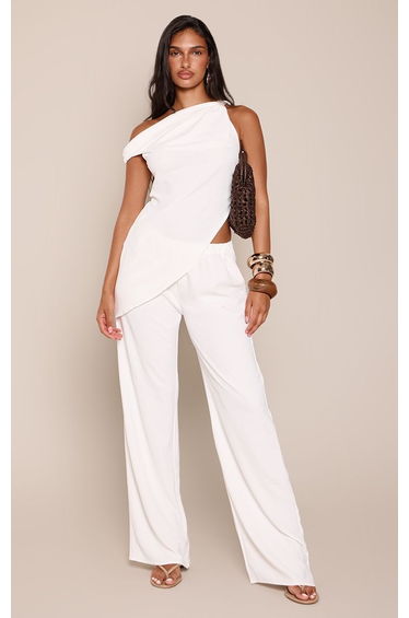 Cream Textured Low Waist Trousers Co-ord