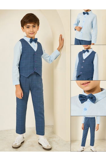 Boys Blue Shirt with Waistcoat and Trousers with Bow Set