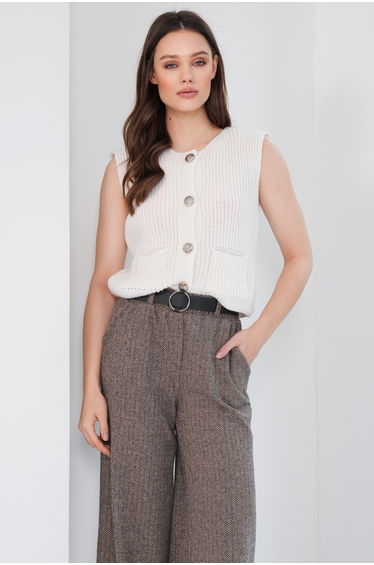 Ecru Double Pocket Gold Button Detailed Knitwear Vest