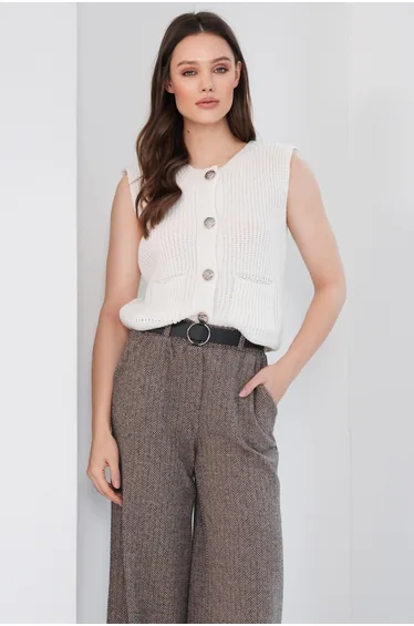 Ecru Double Pocket Gold Button Detailed Knitwear Vest