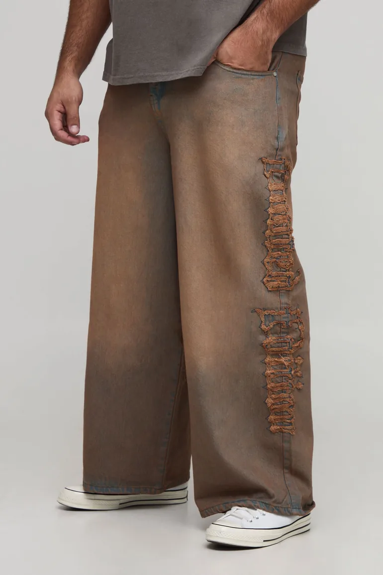 Plus Raw Applique Baggy Fit Washed Jeans - brown