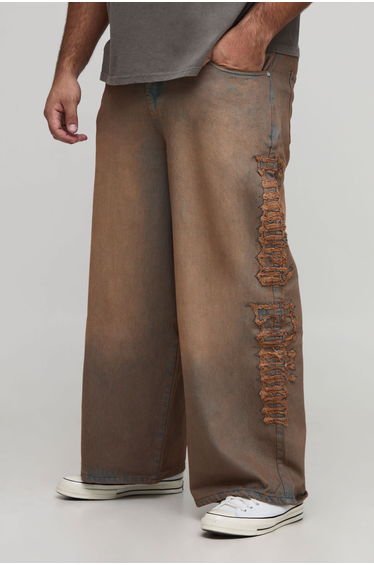 Plus Raw Applique Baggy Fit Washed Jeans - brown