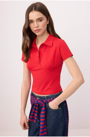 Red Fitted Polo Neck Short Sleeve Cotton Stretch Knitted Blouse