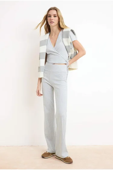 Gray Melange Fitted/Spanish-Cut Cotton Ribbed Knitted Top and Bottom Set