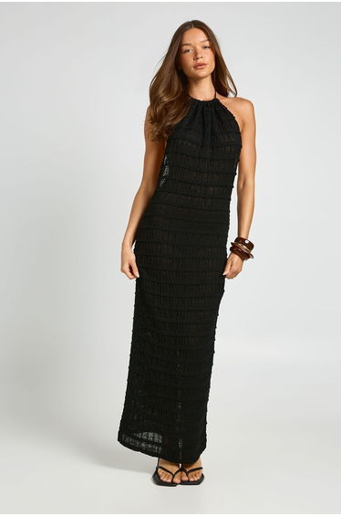 Sheer Knit Halterneck Maxi Dress - black