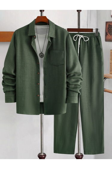 Solid Long Sleeve Shirt and Drawstring Waist Pants Co-Ords