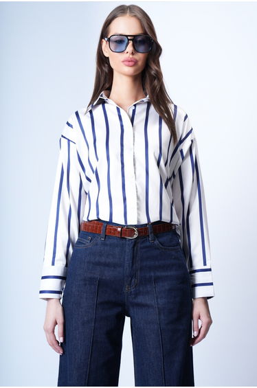 Women's Navy Blue-Striped Wide-Cuff Striped Satin Shirt