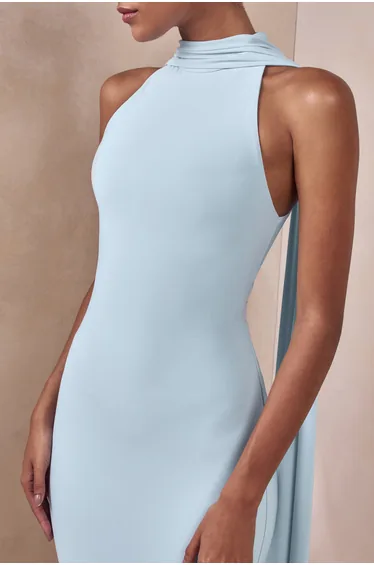 Cordy | Powder Blue High-Neck Maxi Dress With Cape