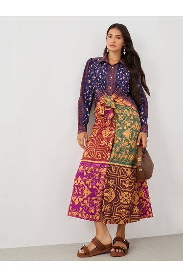 All-Over Print Buttoned Front Midi Dress