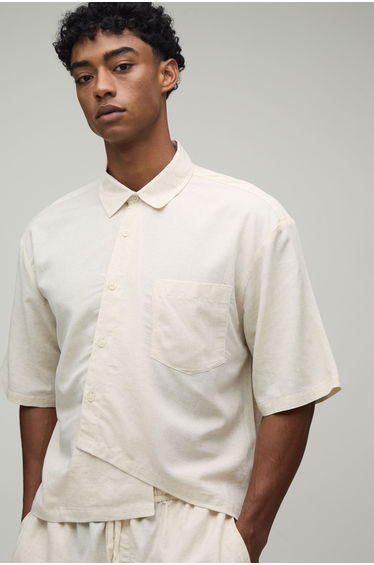 Oversized Boxy Asymmetric Linen Half Sleeve Shirt - natural