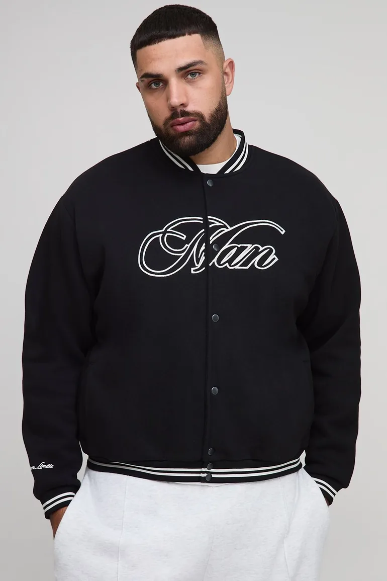 Plus Oversized Jersey Man Embroidered Varsity Jacket - black