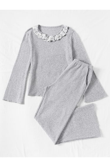 Grey Lace Trim Long Sleeve Top and Pyjama Set
