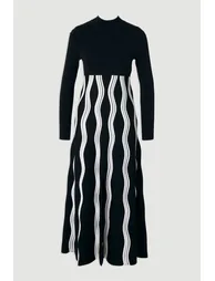 Petite Contrast Wave Knit A-Line Knitted Long Sleeve Dress - 3