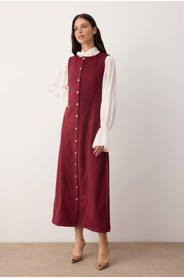 Burgundy plain woven suede hijab dress without lining