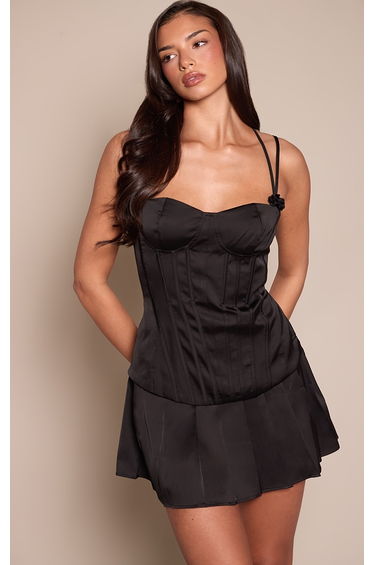Black Satin Corset Flower Drape Shift Dress