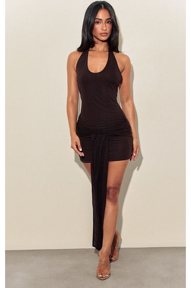 Black Chiffon Scoop Neck Wrap Detail Mini Dress