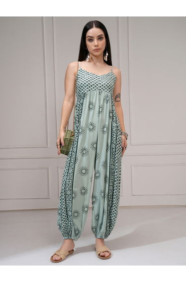 Women Green Wide Leg Printed Jumpsuit