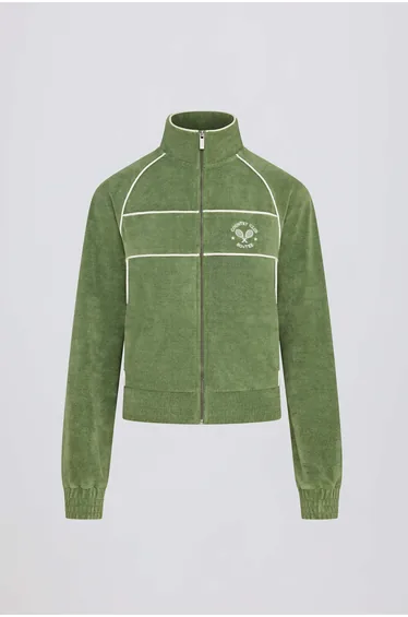 Terry Towelling Zip-Up Cropped Sweatshirt in Green