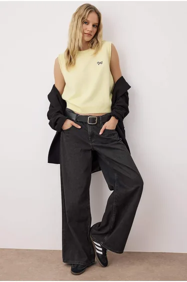 Yellow Teen Dog Embroidery Detailed Soft Texture Knit Sweater