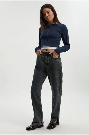 Basics High Waisted Split Hem Straight Leg Jeans