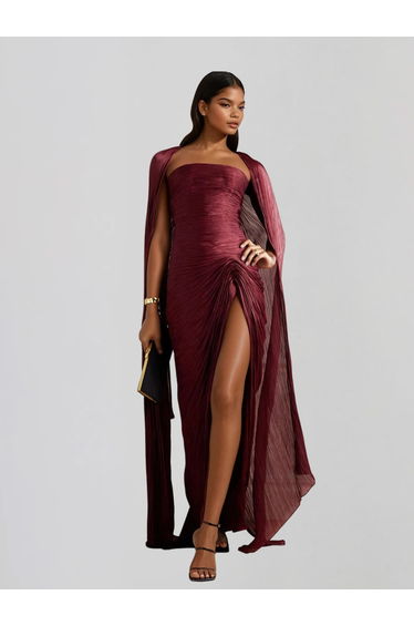 Bravexia Cape Ruched Split Maxi Dress
