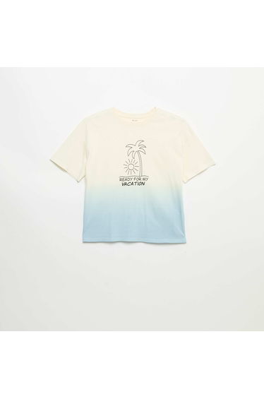 Short-sleeved printed T-shirt with tie-dye wash BEIGE