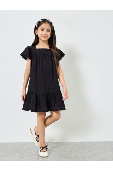 Girls Black Schiffli Ruffled Hem Dress