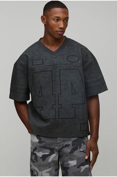 Oversized Washed PU Varsity Hockey T-Shirt - blue