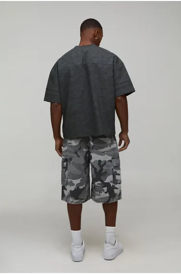 Oversized Washed PU Varsity Hockey T-Shirt - blue