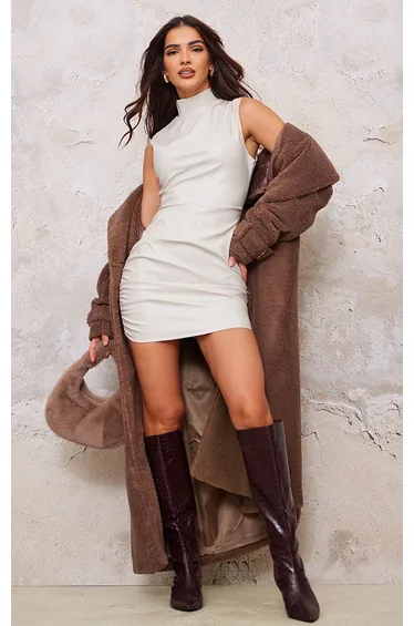 Pebble Faux Leather High Neck Sleeveless Ruched Mini Dress