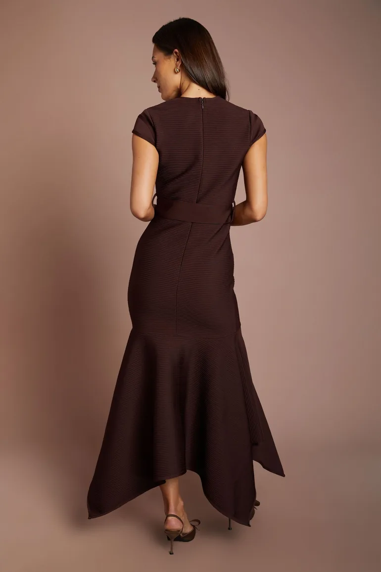 Cap Sleeve Bandage Hanky Hem Belted Midi Dress - 2