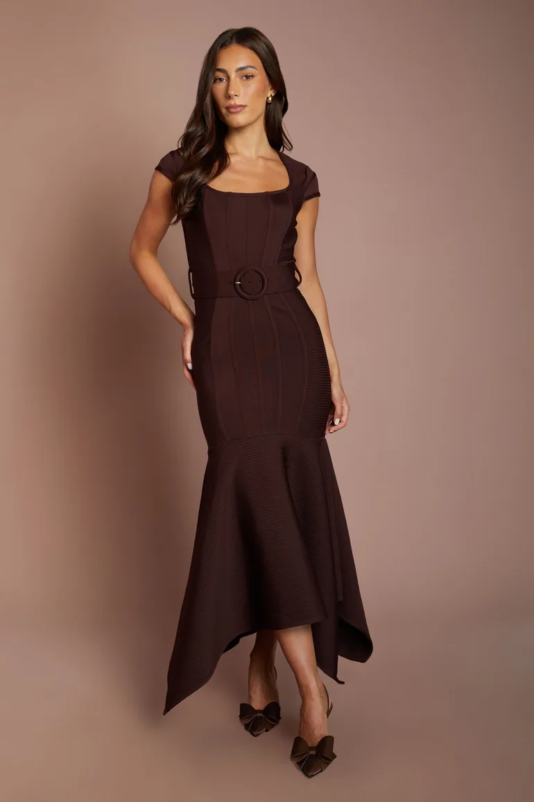 Cap Sleeve Bandage Hanky Hem Belted Midi Dress