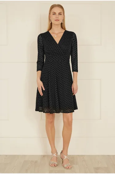 Mela Black Velour Spot 3/4 Sleeve Wrap Skater Dress