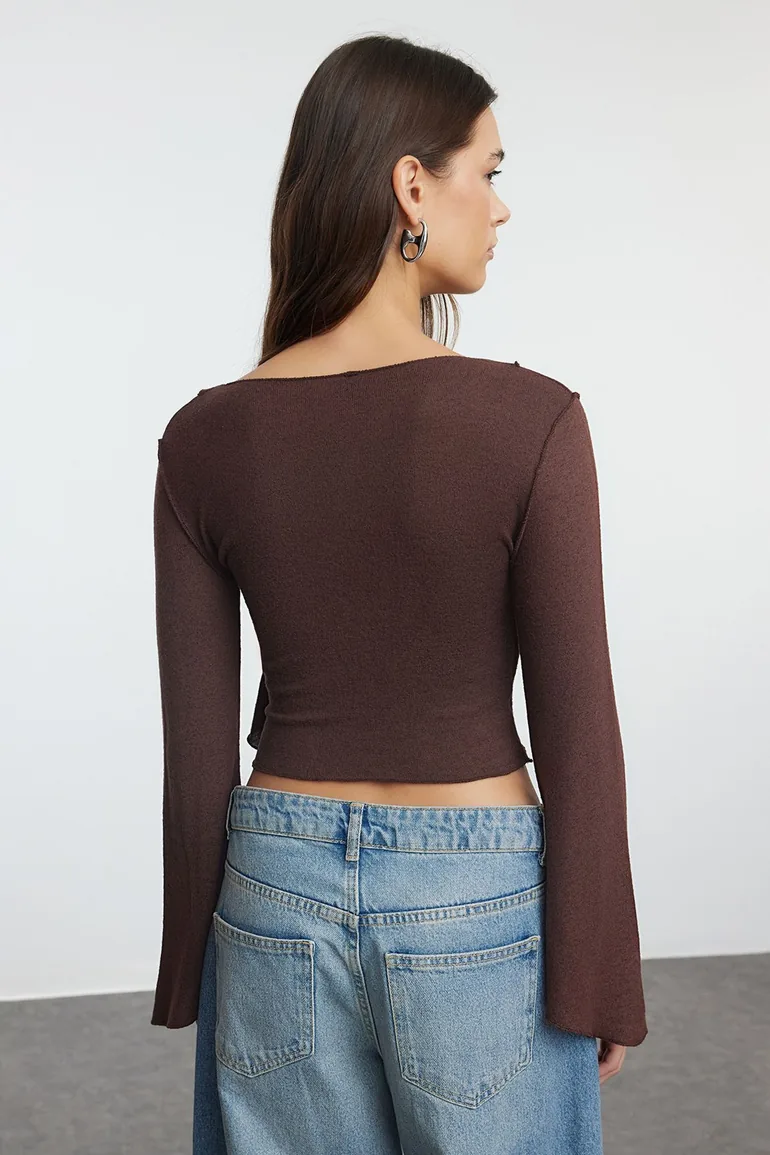 Brown Wrap Knitwear Look Spanish Sleeve Regular/Normal Fit Knitted Top - 2