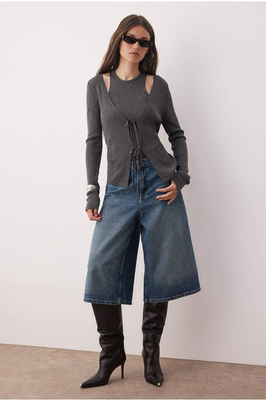 Anthracite V-Neck Mercerized Look Knitwear Cardigan-Blouse Set