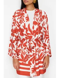Red Floral Patterned Kimono & Kaftan with Binding Detail Pocket - 3